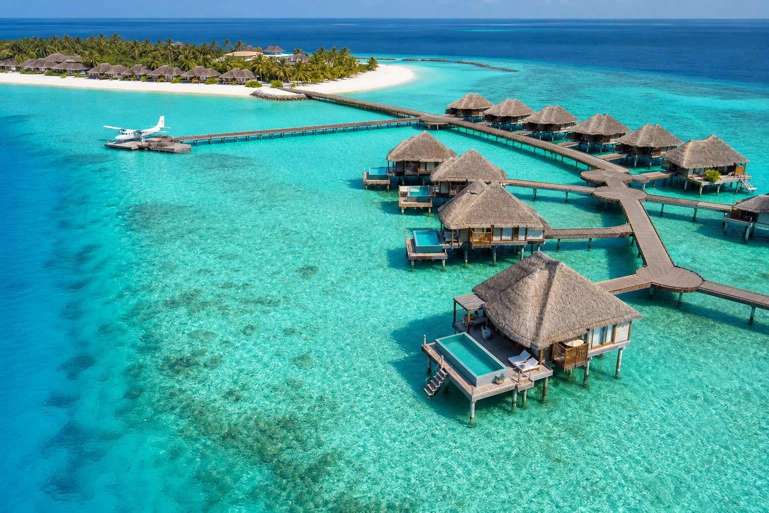 Overwater villas above a turquoise lagoon