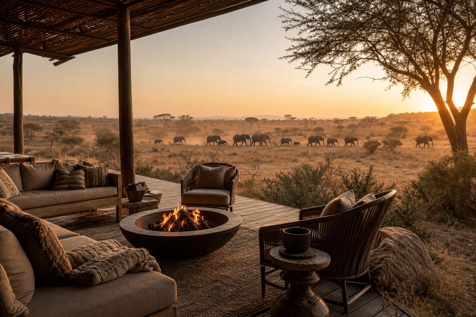 An elegant safari lodge deck overlooking the savanna at dusk