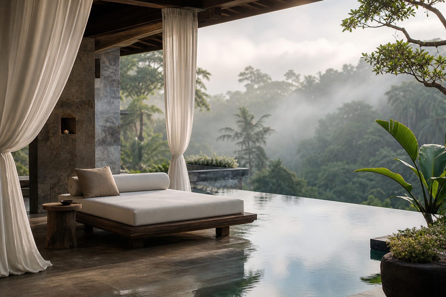 A serene infinity wellness pool overlooking misty jungle